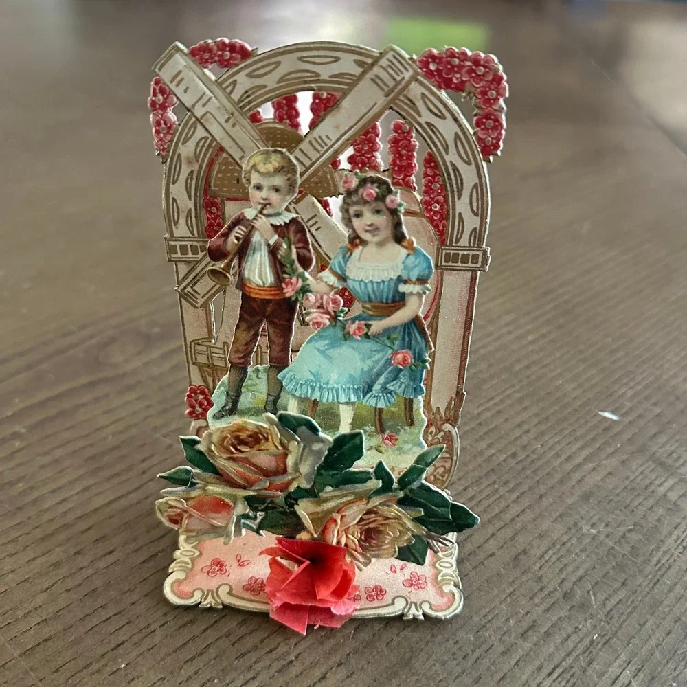 Antique Victorian Pull Down Valentine Card‎ Windmill Boy Girl Die Cut Germany
